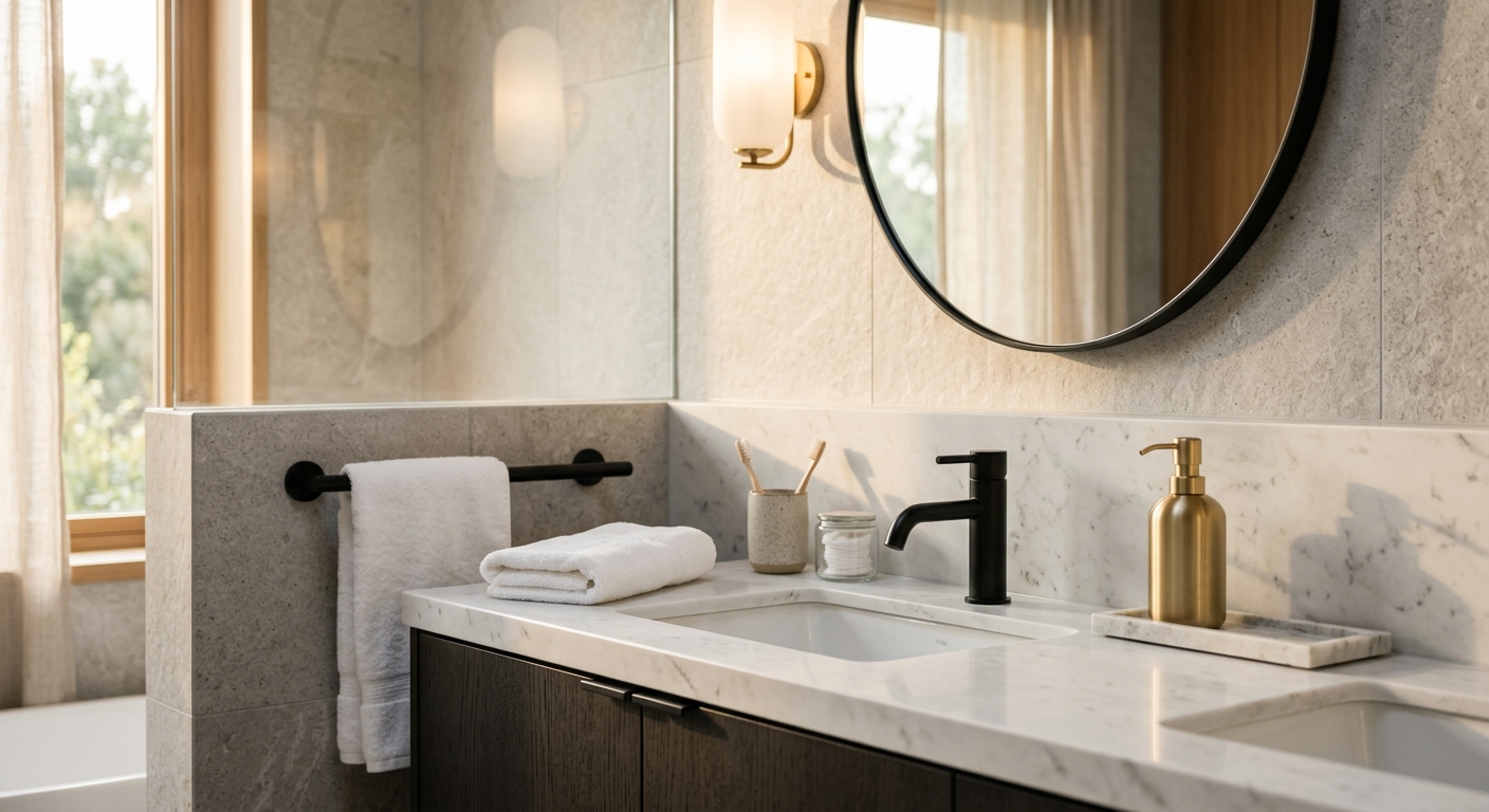 כיור רחצה מודרני עם משטח שיש לבן, ברז שחור מאט, מראה עגולה גדולה ואביזרי אמבטיה מעוצבים.