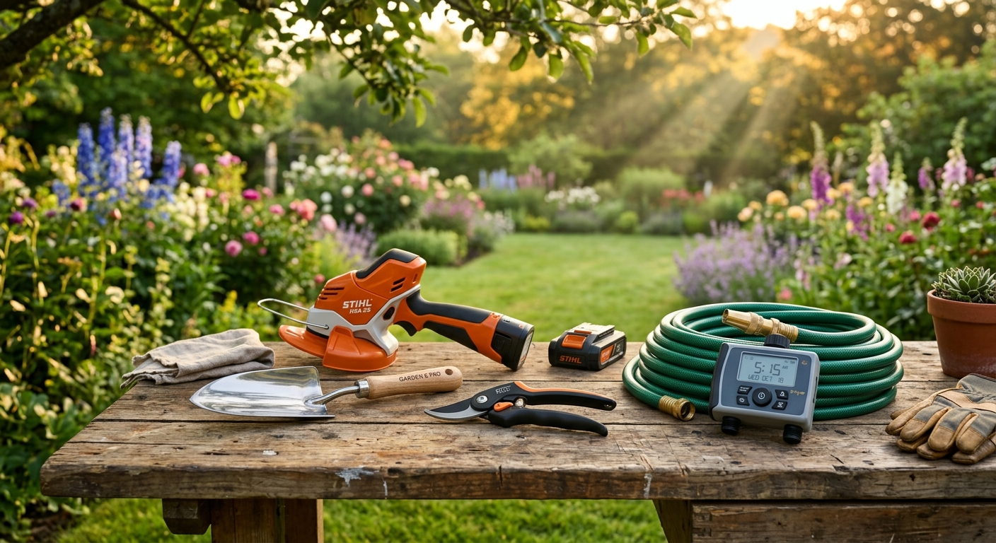 כלי גינון מקצועיים כולל גוזם נטען של STIHL, צינור גינה, בקר השקיה, מזמרה וכף שתילה מונחים על שולחן עץ בגינה פורחת
